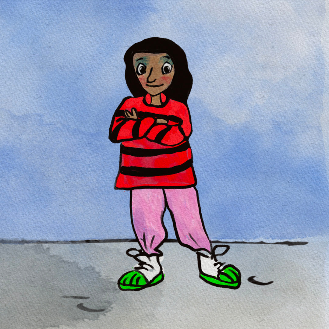 Portrait of the Brave Girl with dark hair wearing a red and black striped shirt, pink pants, and green shoes, standing against a blue sky background.