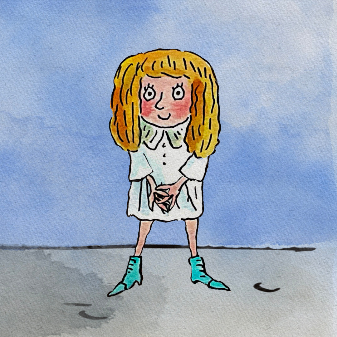 Portrait of the Clever Girl wearing a white dress with blue boots.