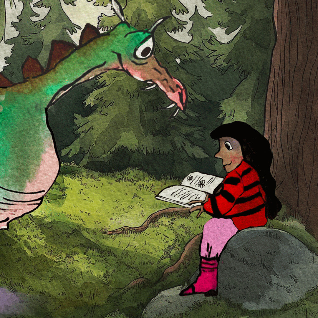 The brave girl sits beside the dragon, reading aloud from a book as he listens.