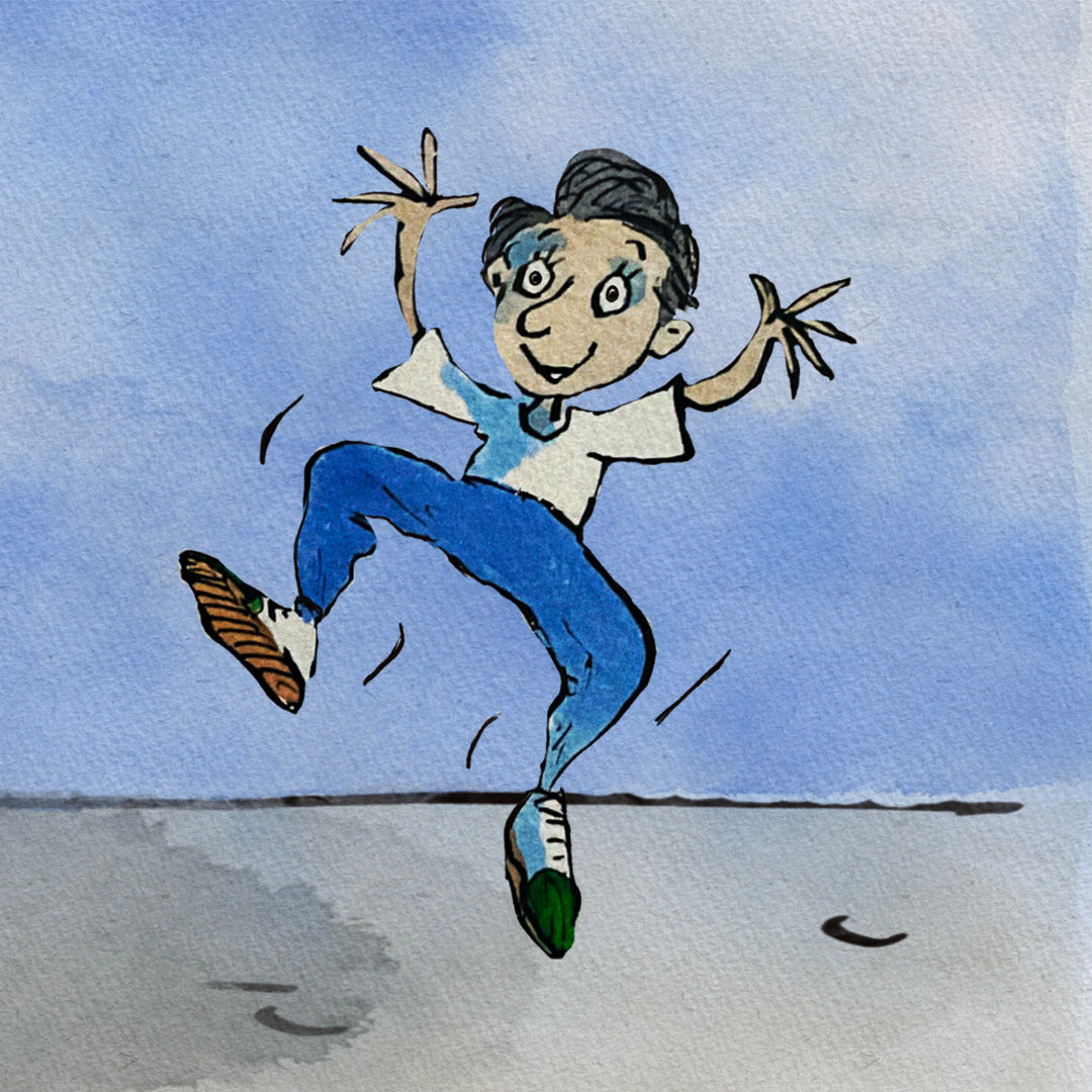 Portrait of the Happy Boy smiling and waving under a clear blue sky.
