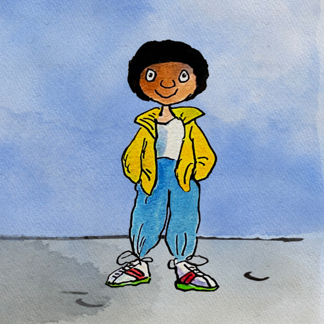 Portrait of theKind boy in a yellow jacket and blue pants standing against a blue sky background.